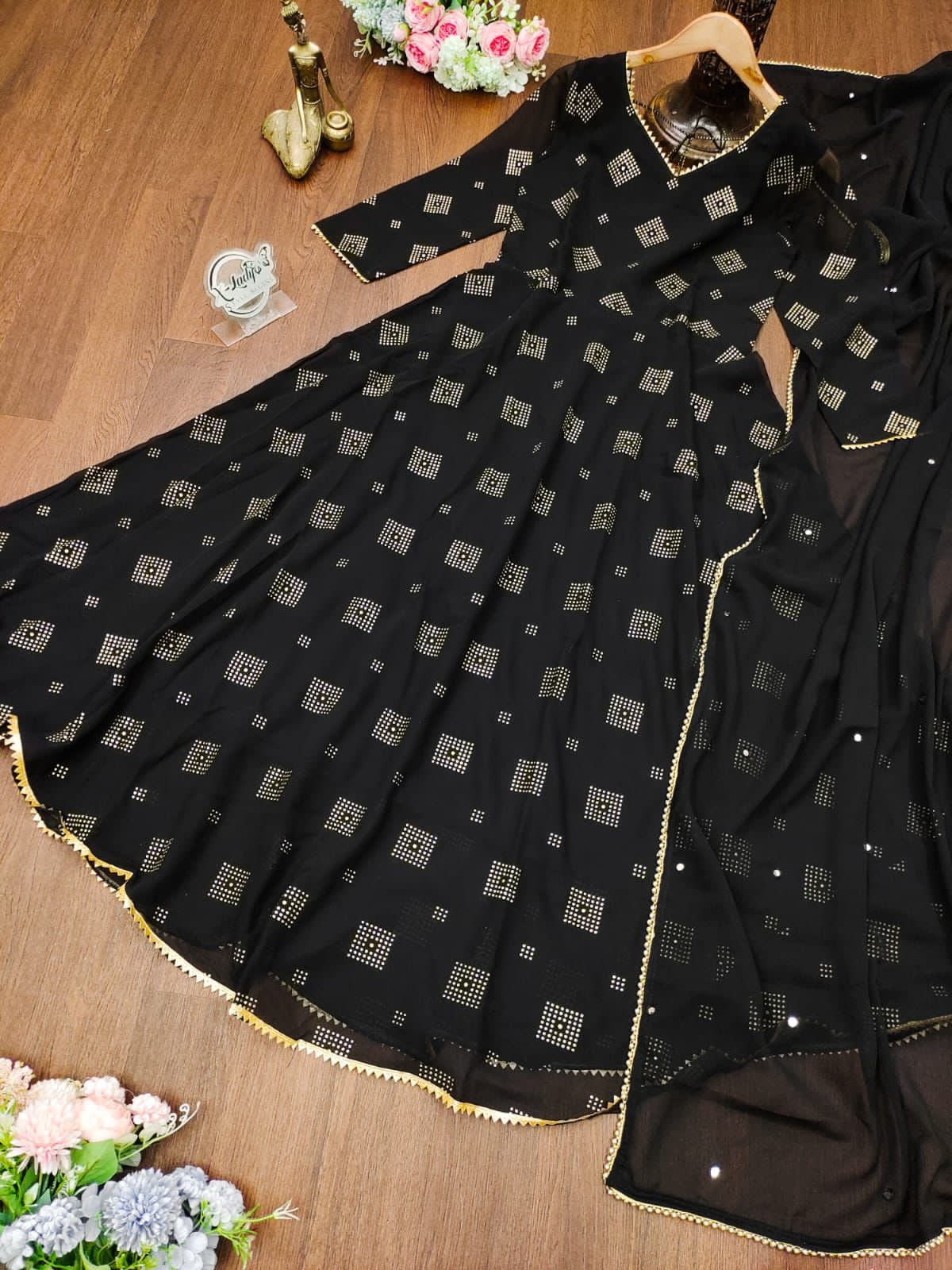 Exquisite Gold Printed Maxy Gown with Dupatta