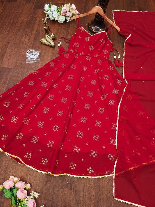 Gold Printing Red Maxy Gown and Dupatta Set!