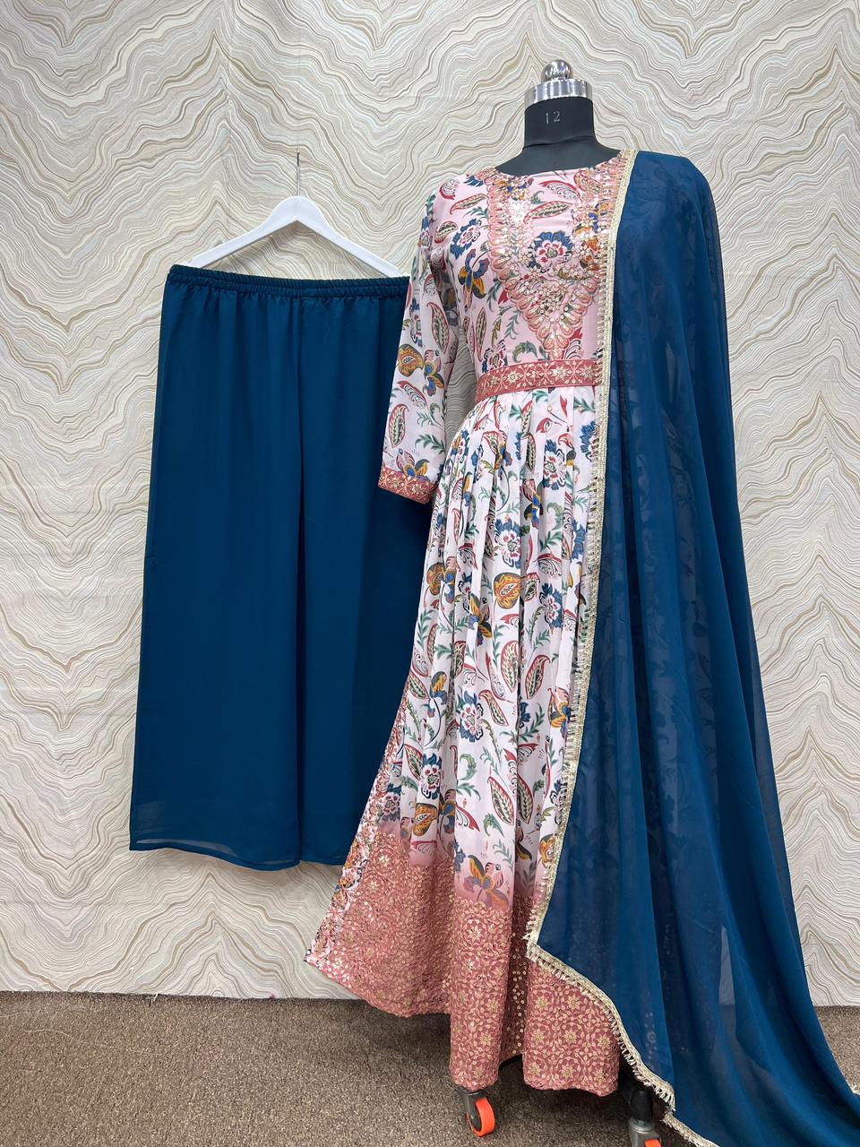 New 3 Piece Suit Garment Collection - Exquisite Naira Cut Long Kurti, Plazzo, and Dupatta Set!