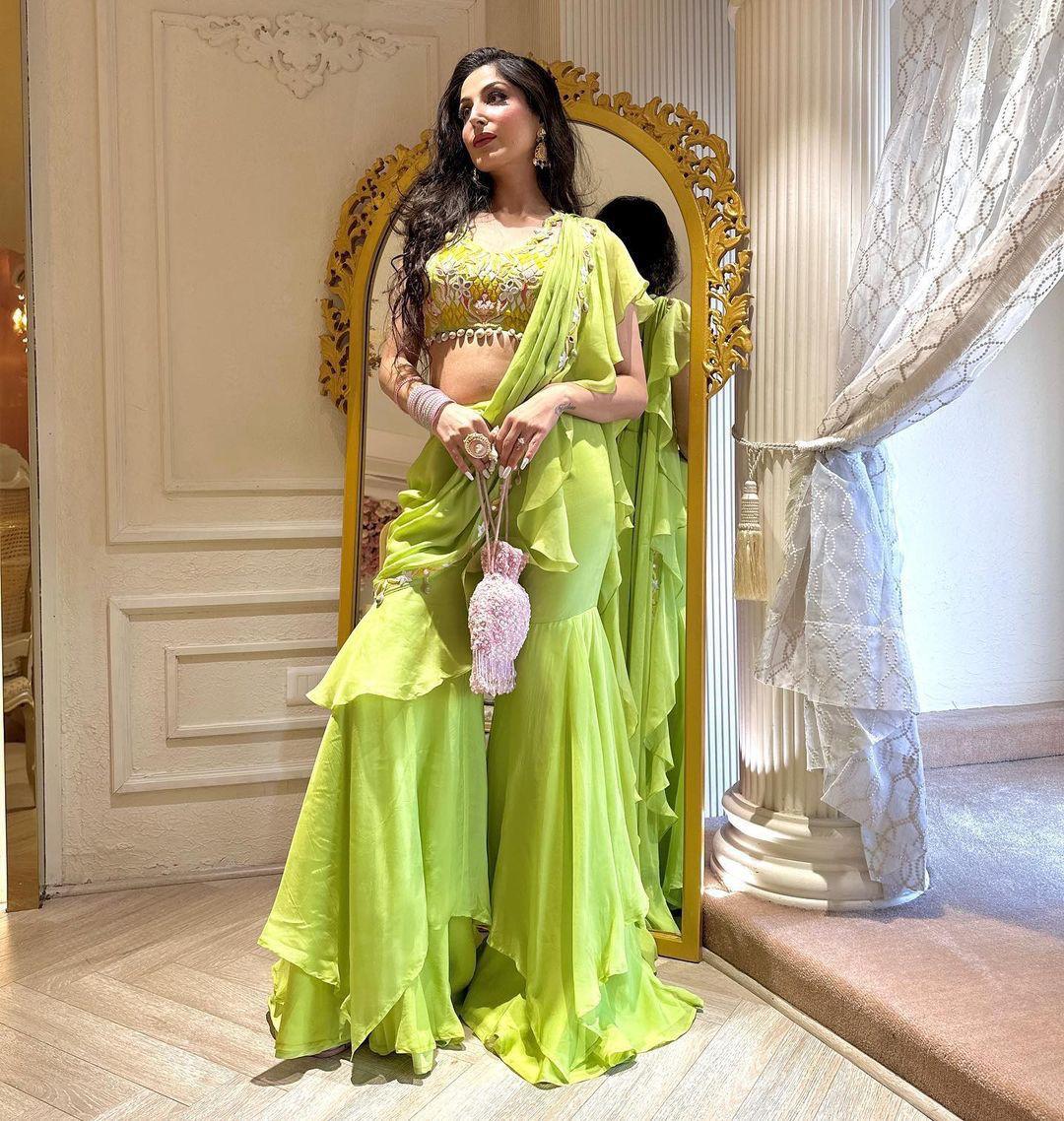 Introducing the New Super Trending Embroidery Cording Work Palazzo Saree with Ruffles Saree!