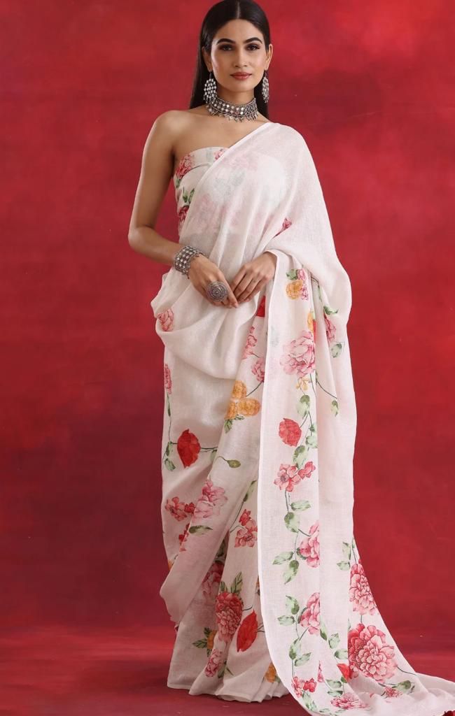 Plain Linen Saree with Digital Print