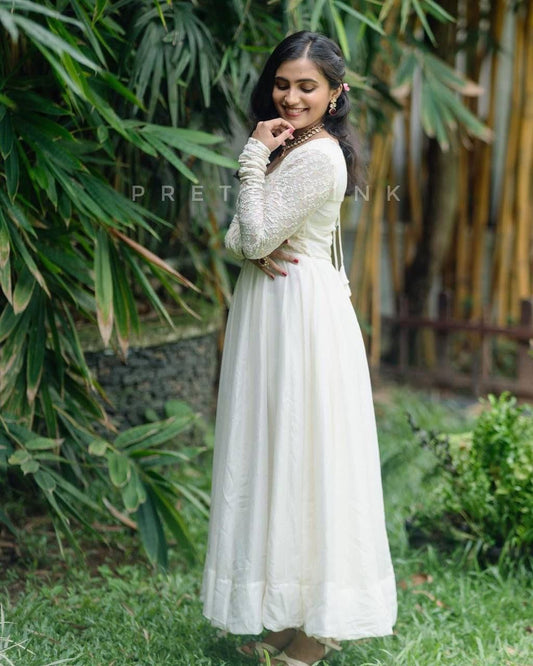 White Colorful Chikankari Gown