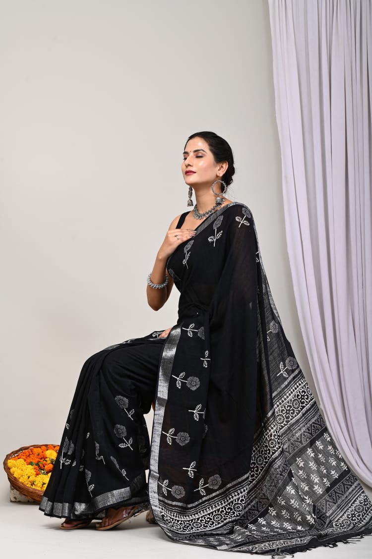 Elevate Your Style with Our Hand-Block Printed Linen Saree Collection!