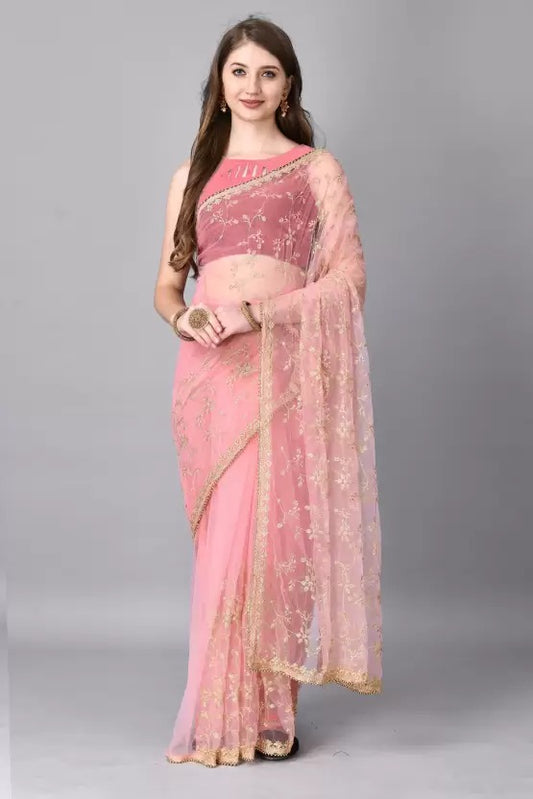 Elegant Net Embroidered Saree With Blouse